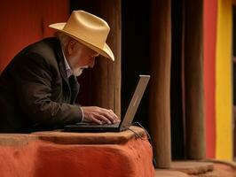 Old Colombian man working on a laptop in a vibrant urban setting AI Generative photo