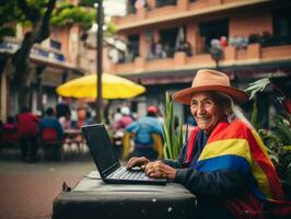 Old Colombian woman working on a laptop in a vibrant urban setting AI Generative photo