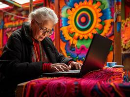 Old Colombian woman working on a laptop in a vibrant urban setting AI Generative photo