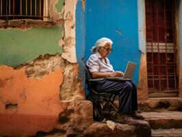 Old Colombian woman working on a laptop in a vibrant urban setting AI Generative photo