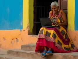 Old Colombian woman working on a laptop in a vibrant urban setting AI Generative photo