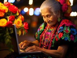 Old Colombian woman working on a laptop in a vibrant urban setting AI Generative photo