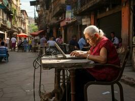 Old Colombian woman working on a laptop in a vibrant urban setting AI Generative photo