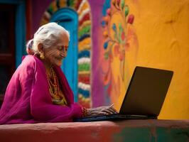Old Colombian woman working on a laptop in a vibrant urban setting AI Generative photo