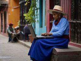 Old Colombian woman working on a laptop in a vibrant urban setting AI Generative photo