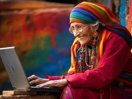 Old Colombian woman working on a laptop in a vibrant urban setting AI Generative photo