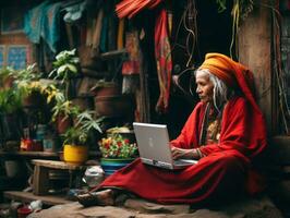 Old Colombian woman working on a laptop in a vibrant urban setting AI Generative photo