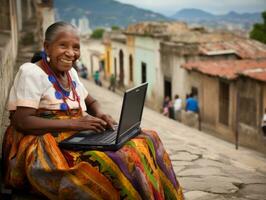 Old Colombian woman working on a laptop in a vibrant urban setting AI Generative photo