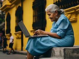 Old Colombian woman working on a laptop in a vibrant urban setting AI Generative photo