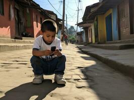 kid from Colombia using smartphone for playing games AI Generative photo