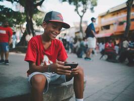 kid from Colombia using smartphone for playing games AI Generative photo