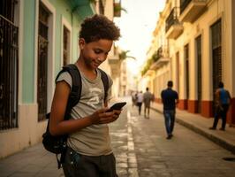 kid from Colombia using smartphone for playing games AI Generative photo
