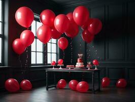 un mesa coronado con un pastel y un montón de rojo globos ai generado foto