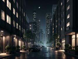 un ciudad calle a noche con carros estacionado en el lado de el calle. ai generado foto