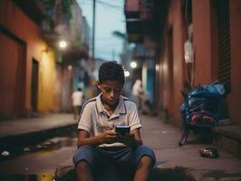 kid from Colombia using smartphone for playing games AI Generative photo