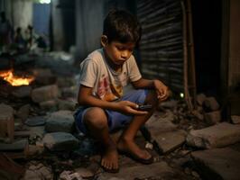 niño desde Colombia utilizando teléfono inteligente para jugando juegos ai generativo foto