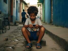 kid from Colombia using smartphone for playing games AI Generative photo
