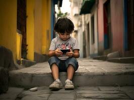 kid from Colombia using smartphone for playing games AI Generative photo