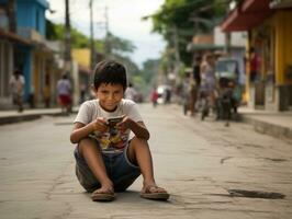 niño desde Colombia utilizando teléfono inteligente para jugando juegos ai generativo foto