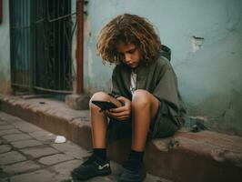 kid from Colombia using smartphone for playing games AI Generative photo