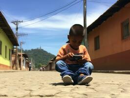 kid from Colombia using smartphone for playing games AI Generative photo