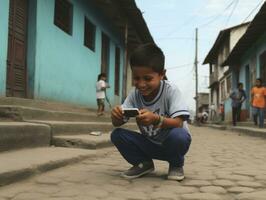 niño desde Colombia utilizando teléfono inteligente para jugando juegos ai generativo foto