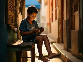 kid from Colombia using smartphone for playing games AI Generative photo