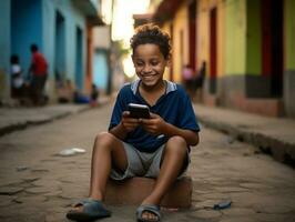 kid from Colombia using smartphone for playing games AI Generative photo