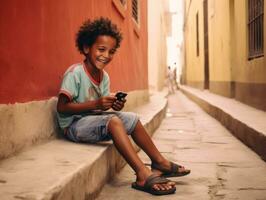 kid from Colombia using smartphone for playing games AI Generative photo