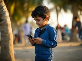 niño desde Colombia utilizando teléfono inteligente para jugando juegos ai generativo foto