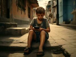 kid from Colombia using smartphone for playing games AI Generative photo