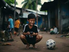 niño desde Colombia utilizando teléfono inteligente para jugando juegos ai generativo foto