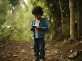 kid from Colombia using smartphone for playing games AI Generative photo