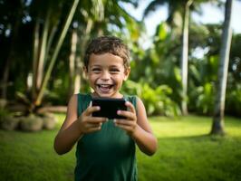 kid from Colombia using smartphone for playing games AI Generative photo