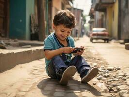 niño desde Colombia utilizando teléfono inteligente para jugando juegos ai generativo foto