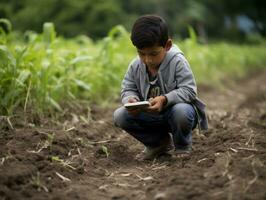 niño desde Colombia utilizando teléfono inteligente para jugando juegos ai generativo foto