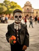 niño en día de el muerto maquillaje con juguetón emocional dinámica actitud ai generativo foto