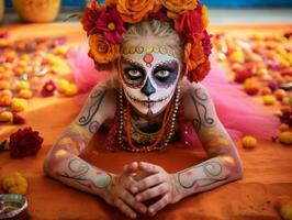 kid in Day of the Dead makeup with playful emotional dynamic pose AI Generative photo