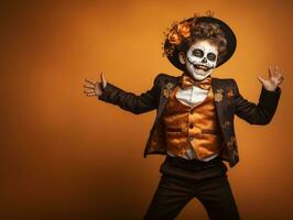 kid in Day of the Dead makeup with playful emotional dynamic pose AI Generative photo