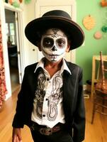 kid in Day of the Dead makeup with playful emotional dynamic pose AI Generative photo