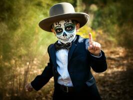 kid in Day of the Dead makeup with playful emotional dynamic pose AI Generative photo