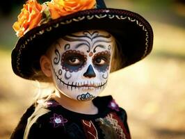 kid in Day of the Dead makeup with playful emotional dynamic pose AI Generative photo