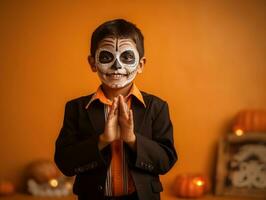 niño en día de el muerto maquillaje con juguetón emocional dinámica actitud ai generativo foto