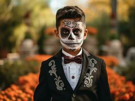 niño en día de el muerto maquillaje con juguetón emocional dinámica actitud ai generativo foto