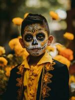 kid in Day of the Dead makeup with playful emotional dynamic pose AI Generative photo