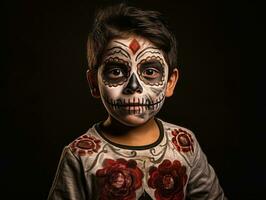 kid in Day of the Dead makeup with playful emotional dynamic pose AI Generative photo