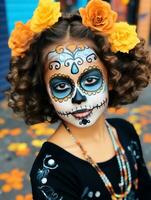 kid in Day of the Dead makeup with playful emotional dynamic pose AI Generative photo