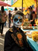 kid in Day of the Dead makeup with playful emotional dynamic pose AI Generative photo