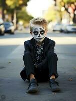 kid in Day of the Dead makeup with playful emotional dynamic pose AI Generative photo