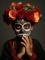 kid in Day of the Dead makeup with playful emotional dynamic pose AI Generative photo